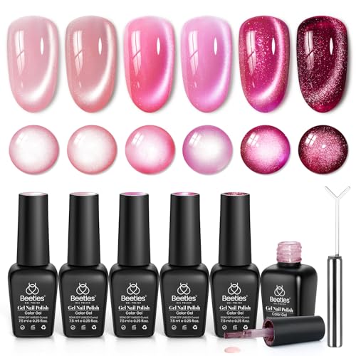 Beetles Pulse of Love Pink Cat Eye Gel Nail Polish Set - 6 Colors Pink Cat Glitter Gel Polish Kit Magnetic Shine Soak Off UV French Nail Art Salon DIY Manicure Spring Gift for Women