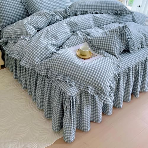 Image of LifeTB Queen Comforter Set Blue Gingham Comforter Vintage Ruffle Plaid Checkered Pattern Comforter Set Queen Fluffy Soft Gingham Bedding Set Farmhouse Plaid Grid Bed Comforter with 2 Pillowcases