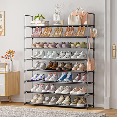 Image of OYREL 8 Tier Shoe Organizer, 33.3in Wide x 11.2in Deep x 55.7in Tall, Black Metal and Plastic Shoe Rack, Holds up to 32-40 Pairs of Shoes