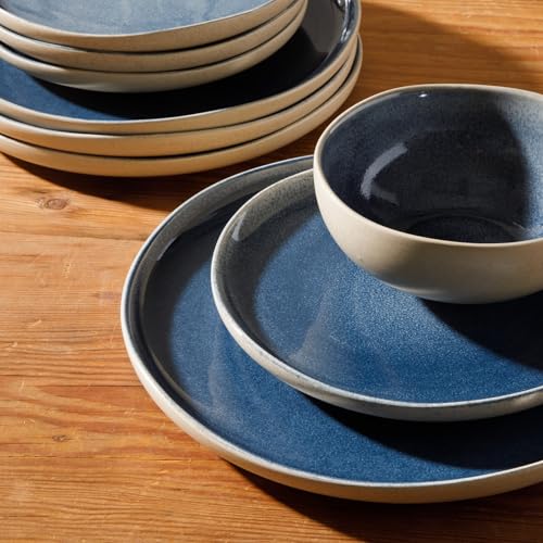 Image of Gibson Elite Manila Bay 12-Piece Stoneware Dinnerware Set, Service for 4, Reactive Glaze Modern Artisan Plates, Bowls & Mugs, Blue, Round Design