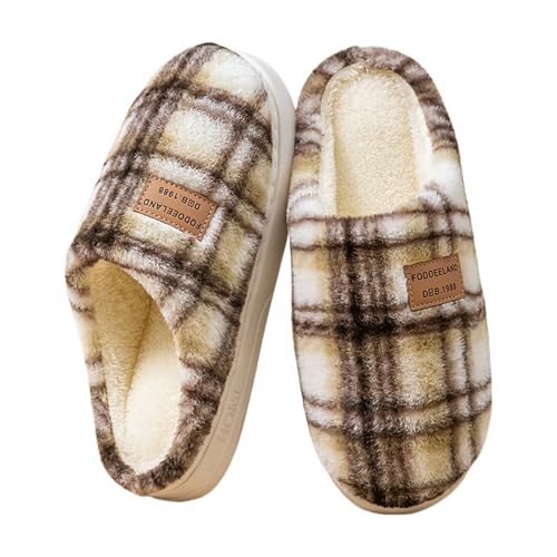 Women's Winter Indoor Fleece-Lined Slippers Thickened Warmth Vintage Check Cotton Slippers Non-Slip Soft-Soled Bedroom Slides
