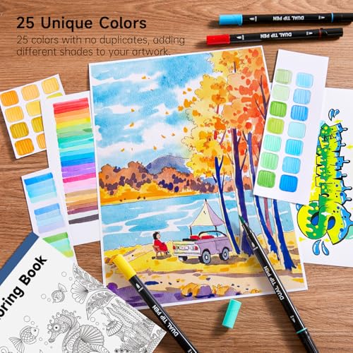 Image of Shuttle Art Dual Tip Brush Marker Pens, 25 Colors Water-based Ink, Fine and Brush Tip Marker Set with 1 Coloring Book for Kids Adult Artist Calligraphy Hand Lettering Journal Doodling Writing