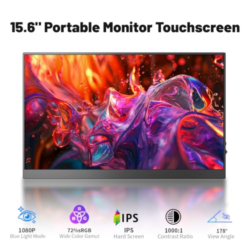 Image of Portable Monitor Touchscreen 15.6 Inch 1080P FHD 72% sRGB Touch Screen Monitor Portable with Kickstand & Speaker, HDMI USB-C Second Screen for Laptop PC Phone, VESA Mountable