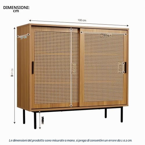 Merax Credenza - Cassettiera stabile con ante scorrevoli in rattan, portata 50 kg, noce, 100 cm, pratico armadietto per soggiorno o cucina