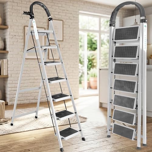 Image of Norman Jr White 7 Step Ladder for Home Use with Built-in Tool Tray | Heavy Duty D Shape Rods | Ultra Large Platform | Wide Rubber Feet | 150Kg Capacity Foldable Ladder - 7 Years Warranty