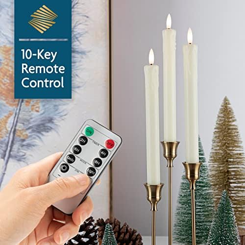 SEHNSY Set of 6 Ivory Flameless Taper Candles with 10-Key Remote Timer, Dripless Battery Operated LED Window Candles Real Wax with 3D Flickering Flame for Xmas Halloween Wedding, Warm White Light