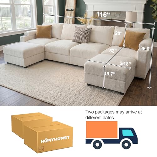 Image of Sectional Couches for Living Room FSC Certified Velvet Modular Couch Oversized Cloud U Shaped Convertible Sleeper Sofa Chaise Detachable Armrest Cushion (Chenille Beige, U Shape 6 Seat)