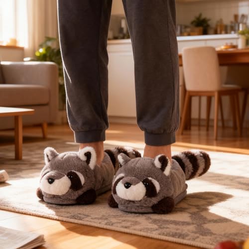 Image of ARELUX Animal Slippers Cotton Adult Unisex, Cute Novelty Raccoon Fox Red Panda Plush House Shoes with Non-Slip Sole, Warm Fuzzy Lining for Indoor Outdoor Cosplay Party Gift