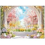 ZTHMOE Fabric 8x6ft Spring Window Scenery Photography Backdrop Pink Cherry Blossom Blooming Flowers Natural Garden Background Girls Women Bridal Party Decorations Photo Props