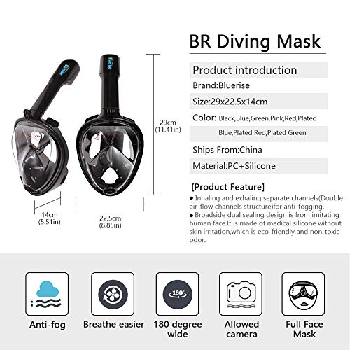 BLUERISE Snorkel Set Antifog Adult Full Face Diving Mask with Adjustable Swim Fins Anti-Leak Snorkeling Scuba Gear Snorkel Mask for Kids Diving Fins - Thumbnail 2
