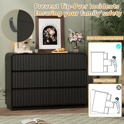 Image of Wodeer Black Dresser Fluted 6 Drawers Dresser for Bedroom, 47 inch Wide Wood Chest of Drawers with Hidden Handles & Rounded Corners, Modern TV Stand Storage Cabinet for Living Room, Hallway, Entryway