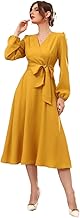 Istyle Can Dress for Women Belted Wrap Dress with Bishop Sleeves Surplice Neck High Waist & Flared Hem Midi Dress
