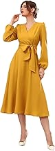 Istyle Can Dress for Women Belted Wrap Dress with Bishop Sleeves Surplice Neck High Waist & Flared Hem Midi Dress | Dresses for Women | Long Dresses for Women