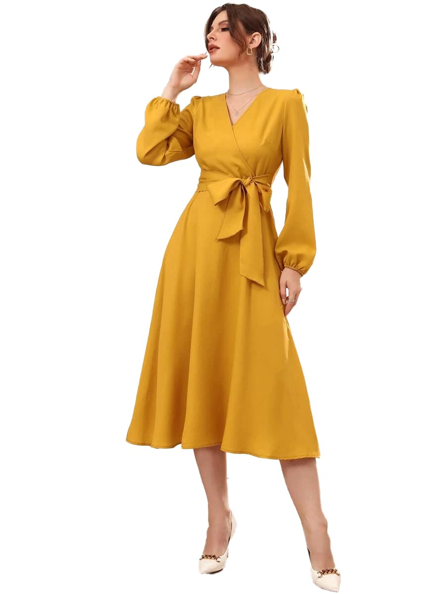 istyle can Dress for Women Belted Wrap Dress with Bishop Sleeves Surplice Neck High Waist & Flared Hem Midi Dress-picture-51
