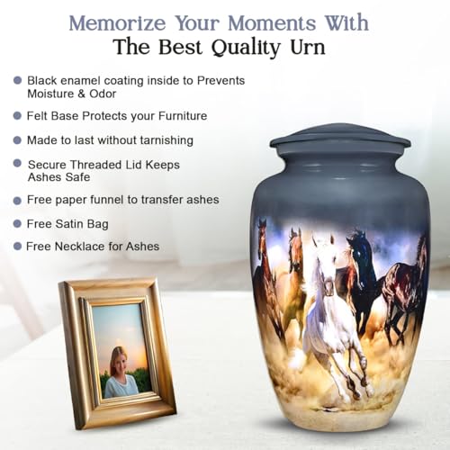 Image of Horse Cremation Urns for Men & Women with Ashes Necklace & Velvet Bag | Running Horses in Desert Theme Urns for Human Ashes Adult Man | Large Urn for Ashes Adult Male & Female - Gray, 220 lbs