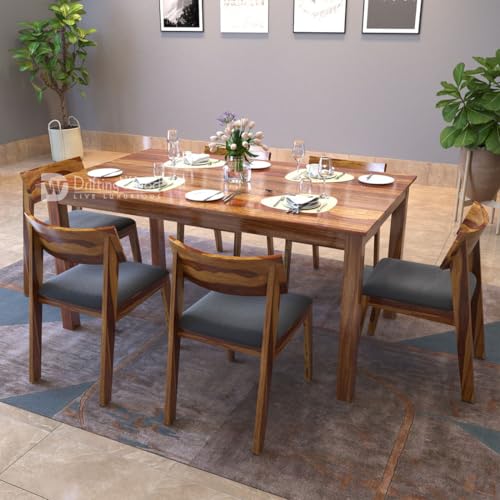Image of DRIFTINGWOOD Liana Solid Sheesham Wood Dining Table 6 Seater | Wooden Six Seater Dinning Table with Grey Cushion Chairs | Dinner Table 6 Seater | Dining Room Sets | Self Assembly, Natural Finish