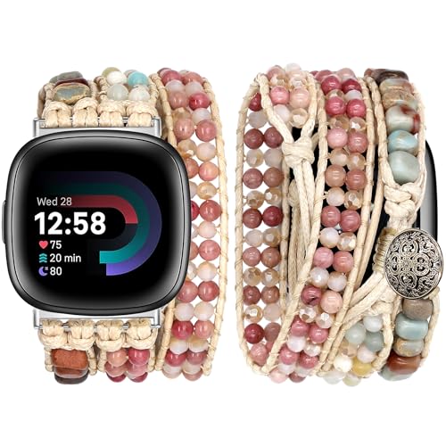 JR.DM Boho Beaded Band Women for Fitbit Versa 4/Versa 3/Sense 2/Sense Pink Bracelets Khaki Natural Stone Adjustable Handmade Braided Watch Strap Smartwatch Replacement Wristband