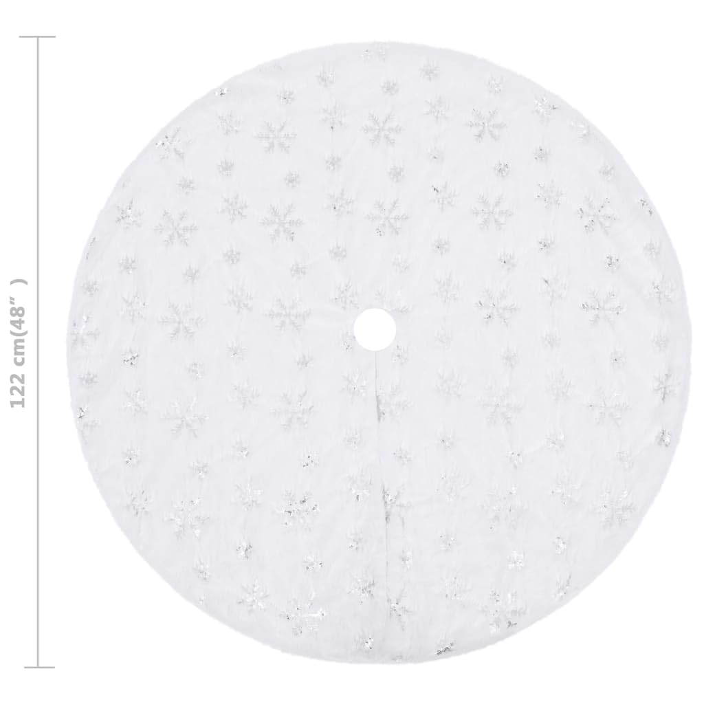 Jupe de sapin de Noël de luxe blanche en fausse fourrure de 122 cm de diamètre avec dos en polaire et broderie flocon de neige pour sapin de Noël, couverture de sapin de Noël, jupe d'arbre