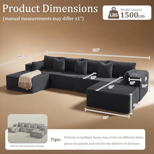 Image of 138 inch Cloud Sectional Couch, Comfort U Shaped Sofa for Living Room, Extra Deep Seats No Assembly, Minimalist Modular Couch, Corduroy (Dark Grey, 6 Seats,U-Shape A)