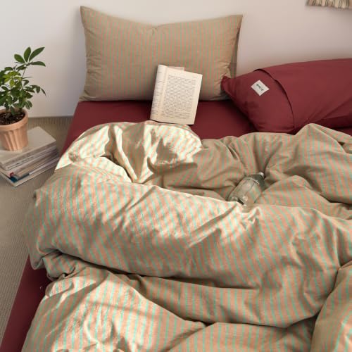 Image of Striped Duvet Cover Set Washed Cotton,Queen(90 inchx90 inch),Pinstripes Terracotta