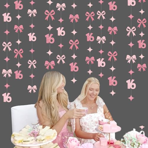 Image of Glitter Pink 16th Bow Birthday Decorations Hot Pink Conquette Bow Garland Streamer Banner Backdrop for Girls Boys Happy 16th Birthday Sweet Sixteen Cheers to 16 Years Old Anniversary Party Supplies