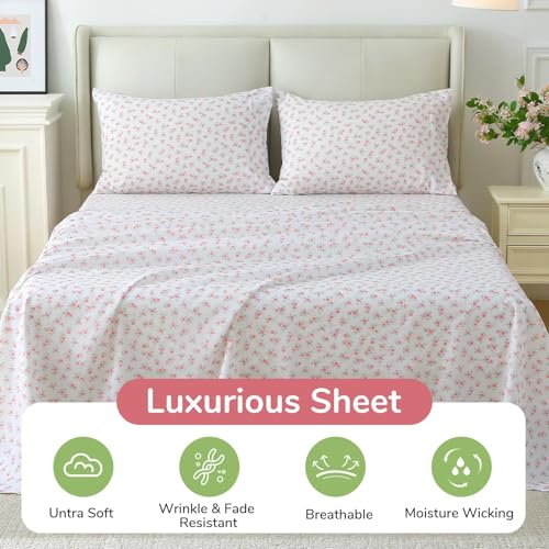 Image of MUXHOMO Full Size 4 Piece Sheet Set, Soft Breathable Bed Sheet Set for Bedroom with Deep Pocket Up to 16 inch, Wrinkle-Free & Cooling Bedding for Oeko-TEX Certified - Floral Pink
