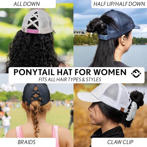 Image of Funky Junque Womens Baseball Cap Dad Hat Ponytail Messy Bun Trucker Ponycap