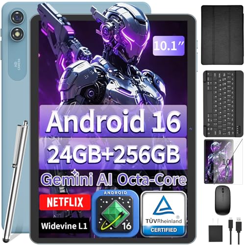 Image of 10 inch Tablet with Keyboard, 2026 Gemini AI Android 16 Tablet, 24GB+256GB+2TB Expand, Electronics Tablets with 8-Core, 8000mAh, 5G WiFi, GPS, GMS, 2 in 1 Tablet PC with Case /Mouse /Stylus(Black Case)