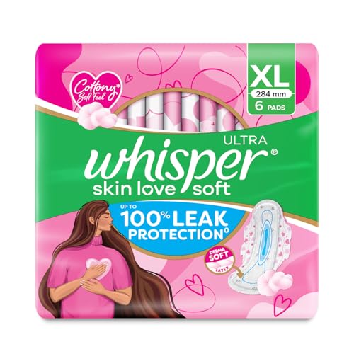 Whisper Ultra Skin Love Soft Sanitary Pads for Women, XL 6 Pads, Cottony Soft Feel, Upto 100% Leak* Protection, Disposable Wrapper, Locks Odour & Wetn