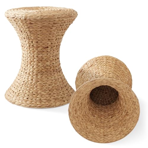 Casafield Hourglass Side Table, Natural Water Hyacinth Round End Table, Boho Woven Wicker Accent for Bedroom, Living Room, Office, Entryway