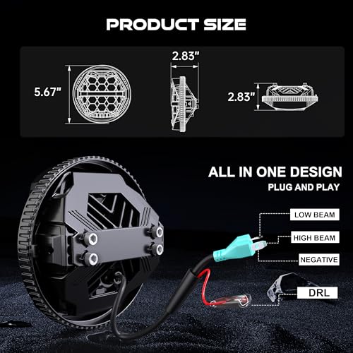 Image of DOT Approved 5-3 /4 inch 5.75 Inch LED Headlight with Amber Lens DRL Compatible with Dyna Street Bob Super Wide Glide Low Rider Night Rod Train Softail Deuce Custom Sportster Iron 883,Black