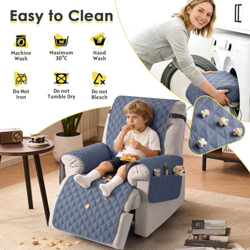Image of TAOCOCO 1 Seater Recliner Slipcovers, Waterproof Recliner Sofa Protector, Armchair Covers with Pockets, Non Slip Reclining Sofa Covers, Arm Chair Covers for Pets /Dogs /Kids (Bluish Grey)