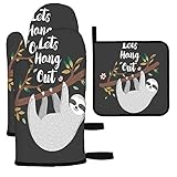 Moslion Sloth Oven Mitts and Potholders  Hang Out Tree Forest Cute Cartoon Animal Floral BBQ Gloves-