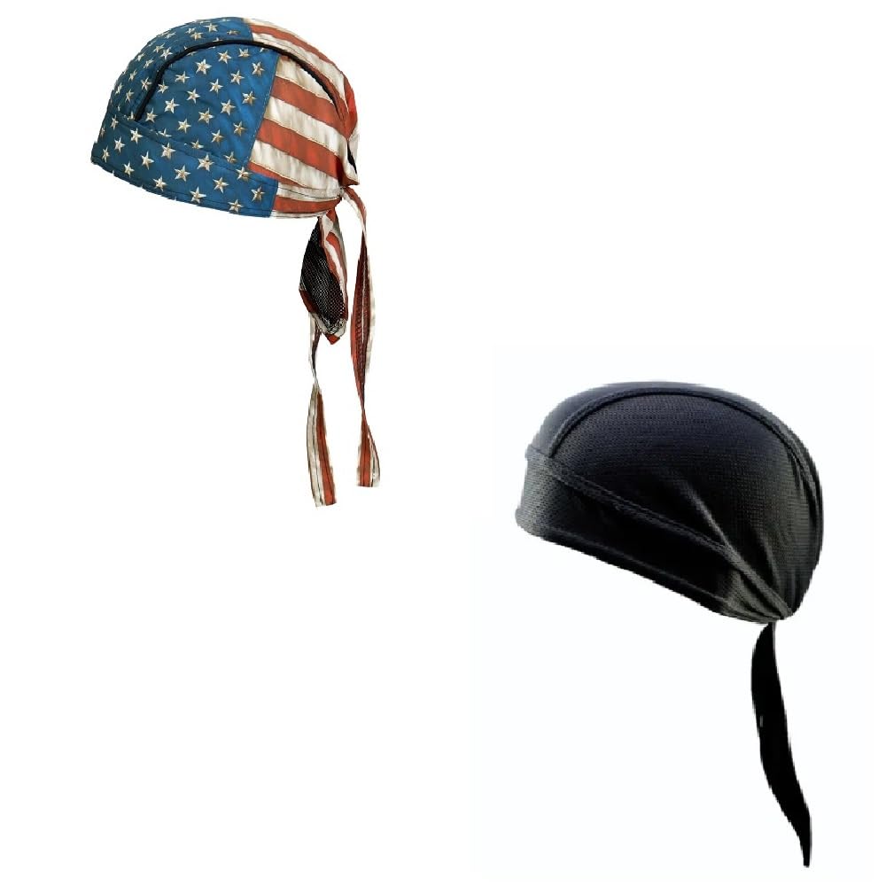 Generic Lot or Set of 2 Distressed Faded Patrotic American Flag and Solid Black Moisture Wicking Headwrap Durag