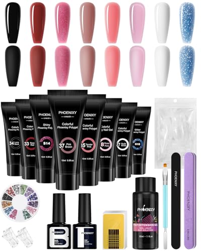 Phoenixy Kit de Extensión de Uñas 8 Colores Kit Uñas de Gel 15 ML con Base y Top Coat Slip Solución Kit de Uñas para Principiantes Blanco, Rosa, Azul, Negro