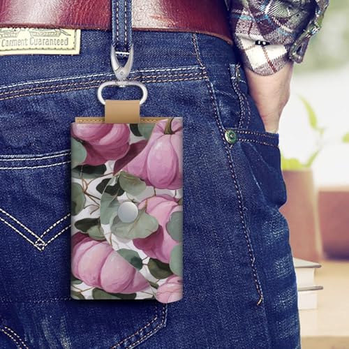 Pink Pumpkins And Eucalyptus Leaves Key Holder Bag PU Leather ID Card Holder Keychains Case Cover for Men Women4