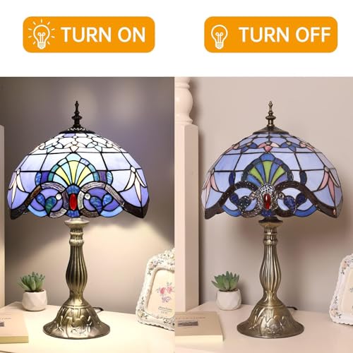 BLUE 12 Inches Tiffany Style Table Lamp,Blue Stained Glass Lamp, Vintage Lamp for Bedroom,Living Room,Home Office（Including 2 LED Bulbs）