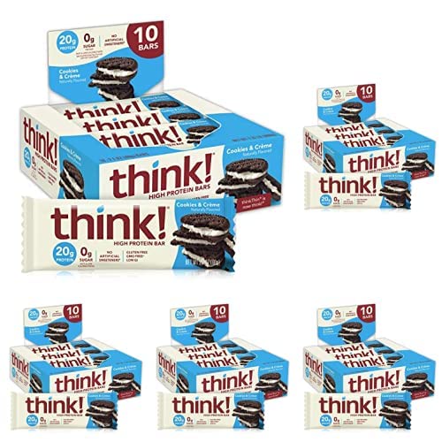 think! Protein Bars, High Protein Snacks, Gluten Free, Sugar Free Energy Bar with Whey Protein Isolate, Cookies and Crème, Nutrition Bars without Artificial Sweeteners, 2.1 Oz (10 Count) (Pack of 5)