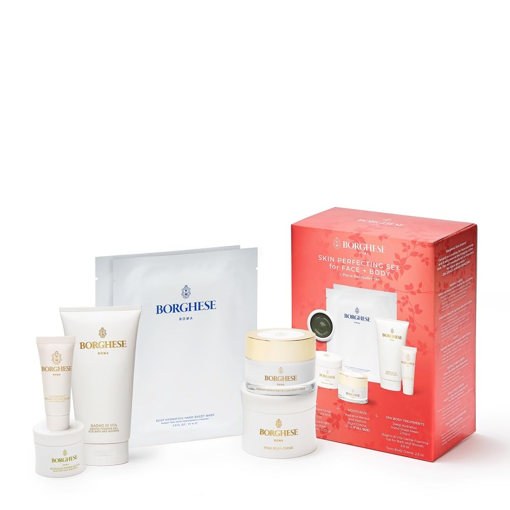 Borghese 7-Piece Skin Perfecting Gift Set - Includes Mud Mask, AHA BHA Overnight Mask, Night Face Cream, Hand Sheet Masks, Shower Gel, & Body Cream
