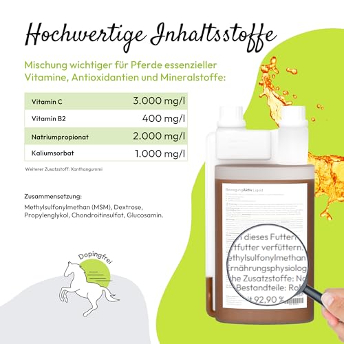 PHA BewegungAktiv Liquid für Pferde - Unterstützt Gelenke, Knorpel, Sehnen & Mobilität, mit MSM Pferd, Glucosamin, Chondroitin, Vitaminen, Mineralien, Alternative zu Teufelskralle Pferd, 1L