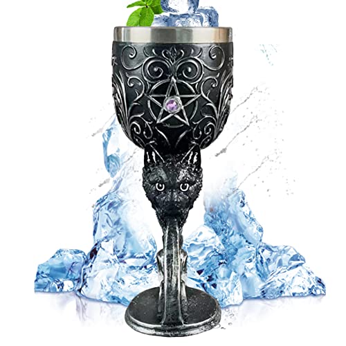 Tuzsocr Vintage Kelch, Weinkelch Edelstahl Mittelalter Tassen 3D Prägung Kelch Tasse Für Halloween Bar Party Supplies (Schwarze Katze)