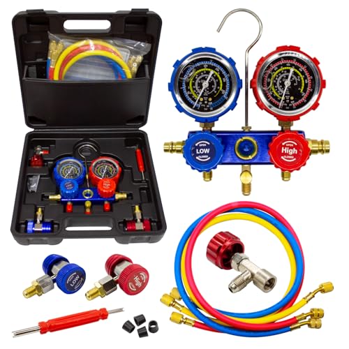 Manometro con Glicerina Maletin Set Manometros para Aire Acondicionado con Glicerina para Precision Gas Refrigerante R32, R410, R134 Manometro para Recarga de Gas Refrigerante Antivibraciones