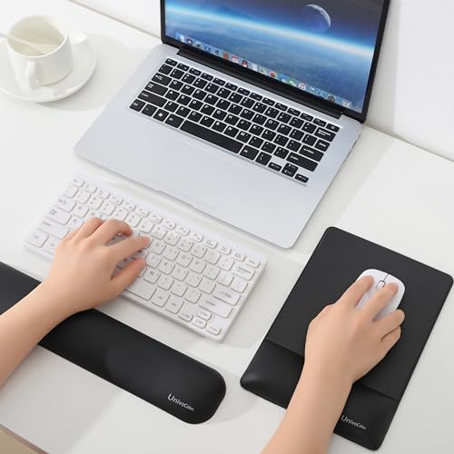 Image of UnivoColors Design-Wave Set of Keyboad Wrist Rest & Mouce Pad,Artificial Sheepskin+Memory Foam+Ergonomic+Anti-Slip Gel, Resilience Support During Work and Gaming,Keyboard Accessory,Black