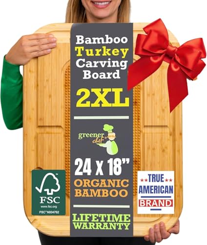 24 Inch Organic Bamboo Extra Large Carving Board with Lifetime Replacements - 2XL Meat Cutting Board and Wooden Butcher Block with Pour Spout, Turkey Platter for Thanksgiving Essentials