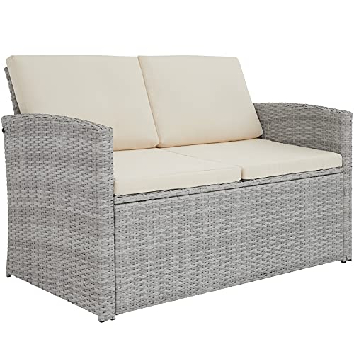 TecTake-800905-Conjunto-de-Ratan-para-4-Personas-2-Sillones-1-Sofa-1-Mesa-Tablero-Cristal-Incluye-Cojines-y-Tornillos-de-Acero-INOX-Gris-Claro