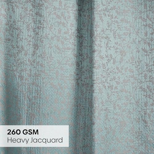 Image of haus & kinder Jacquard Window Curtains 5 Feet Long Pack of 2 Window Curtains, 5 Feet Curtains for Window (Glittering Fern, Aqua Floral Nature Design 130x152 CM)