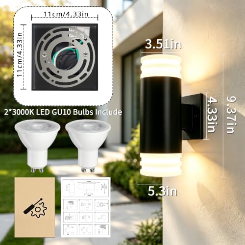 Image of JYV Outdoor Wall Lights 2Pack, Up and Down Cylinder Porch Lights, Black