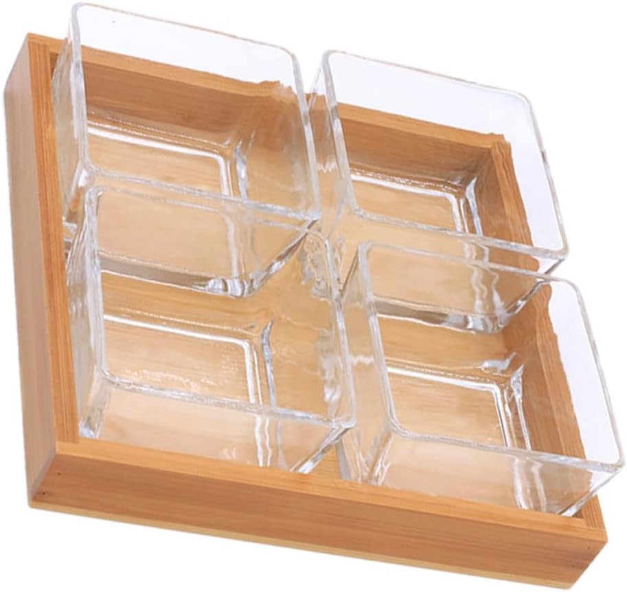 Glass Divided Snack and Fruit Serving Plates Wooden Base, 4-Section Glass Dish for Nuts and Dried Fruits, for Kitchen Use and Social Gatherings