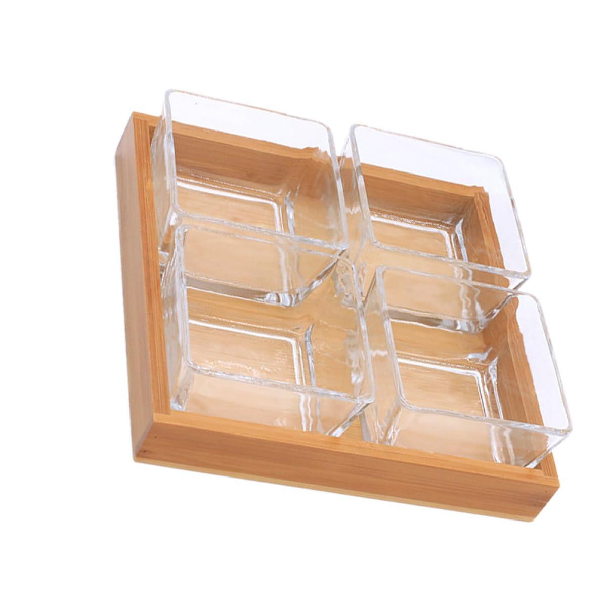 Glass Divided Snack and Fruit Serving Plates Wooden Base, 4-Section Glass Dish for Nuts and Dried Fruits, for Kitchen Use and Social Gatherings