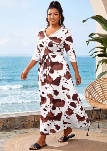 Image of Runwind Plus Size Wrap Dress for Women, Maxi A-Line Dresses with Belt